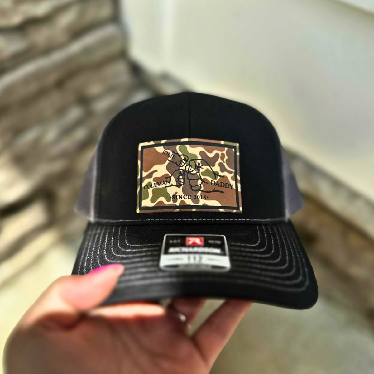 Dad Fist Bump Hat | Laser Engraved Leather Patch Hat | Richardson 112 Hat | Duck Camo Leather Patch Hat | Father's Day Gift | Gift For Him