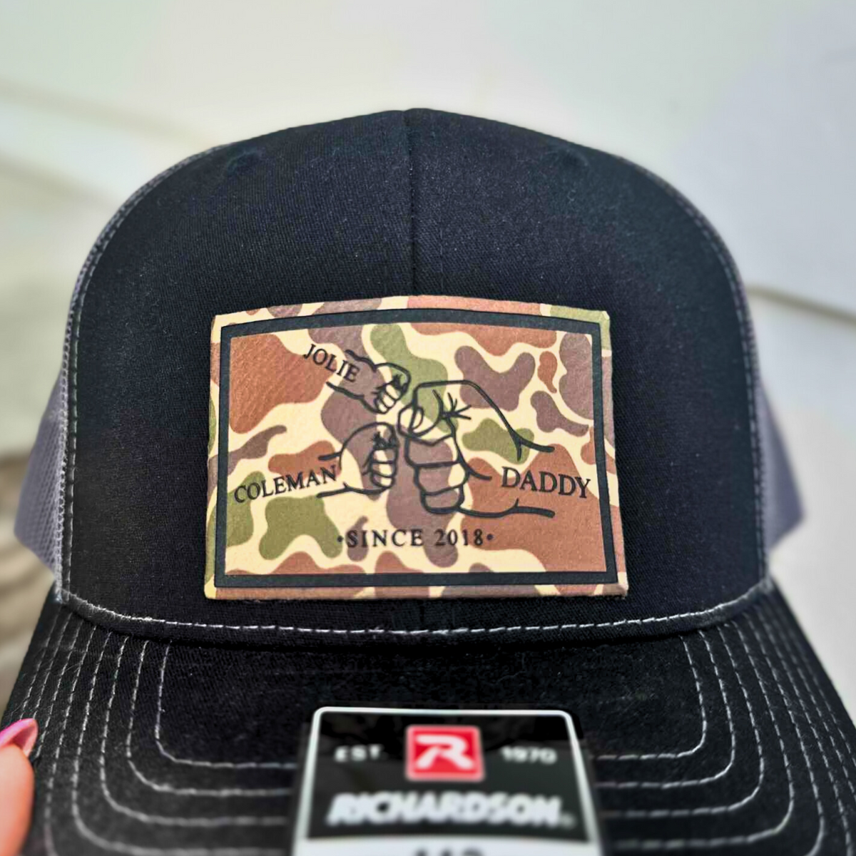 Dad Fist Bump Hat | Laser Engraved Leather Patch Hat | Richardson 112 Hat | Duck Camo Leather Patch Hat | Father's Day Gift | Gift For Him