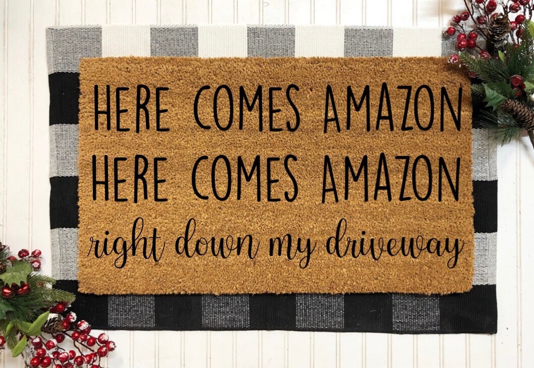 Here Comes Amazon Doormat, Door Mat, Christmas Decorations, Christmas Doormat, Christmas Decor, Funny Christmas Gift, Funny Door Mat, Gifts