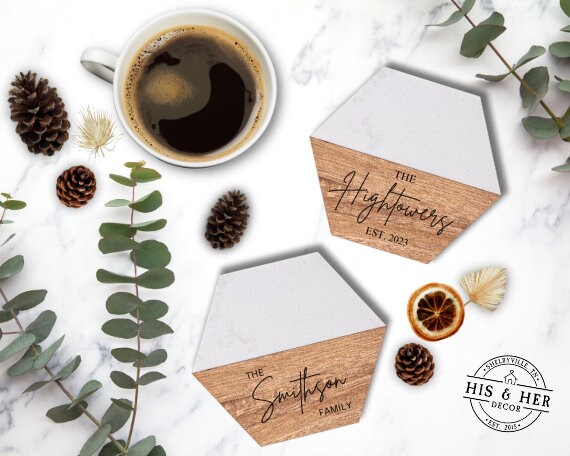 Set of 4 Custom Marble Wood Coasters | Personalized Gifts | New Home Housewarming Gifts | Wedding and Bridal Gifts | Engraved Coasters