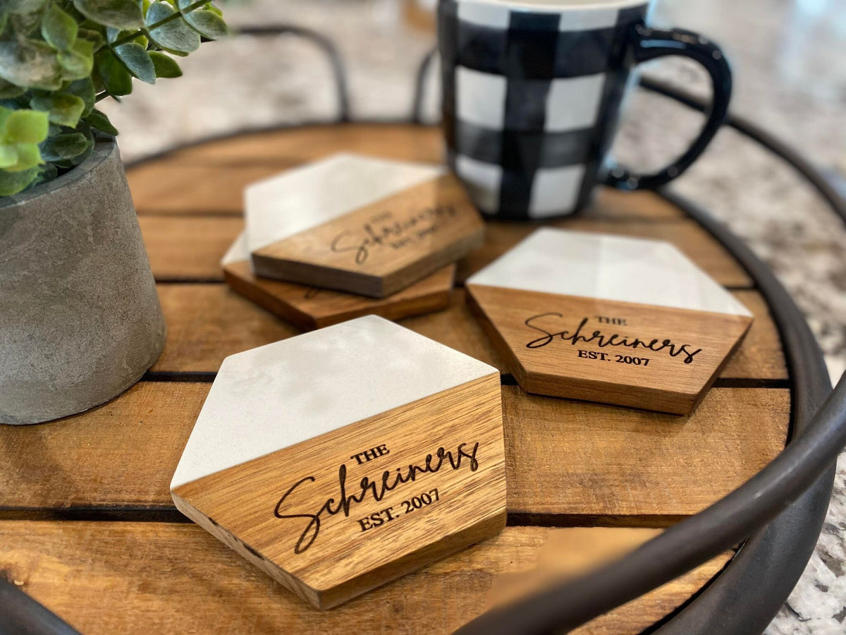Set of 4 Custom Marble Wood Coasters | Personalized Gifts | New Home Housewarming Gifts | Wedding and Bridal Gifts | Engraved Coasters
