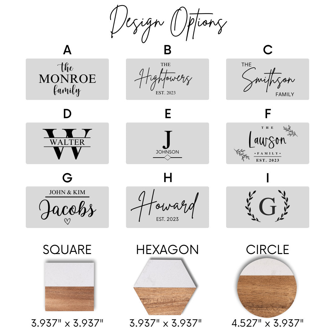 Set of 4 Custom Marble Wood Coasters | Personalized Gifts | New Home Housewarming Gifts | Wedding and Bridal Gifts | Engraved Coasters