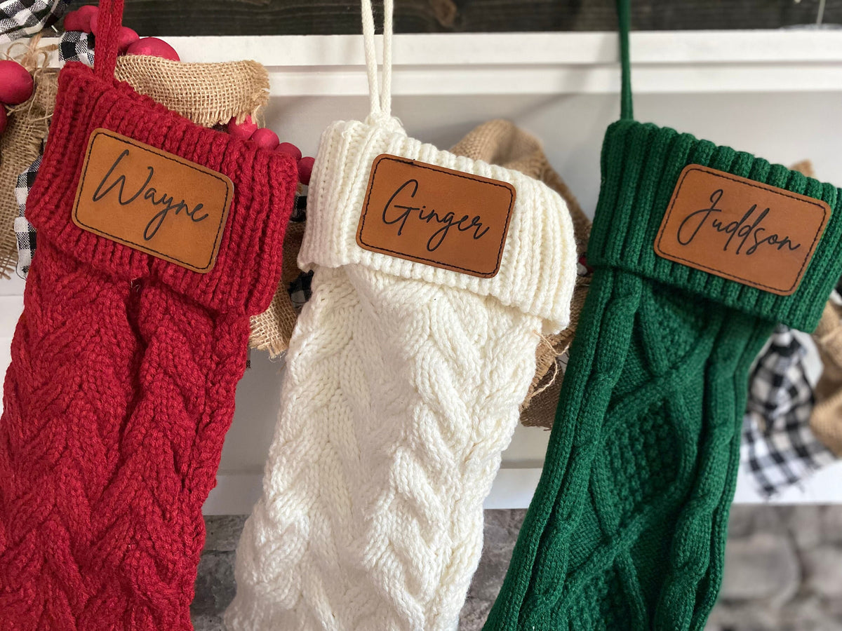 Personalized Family Christmas Stockings | Leather Patch Stocking | Christmas Stockings with Name | Knit Christmas Stocking | Holiday Decor